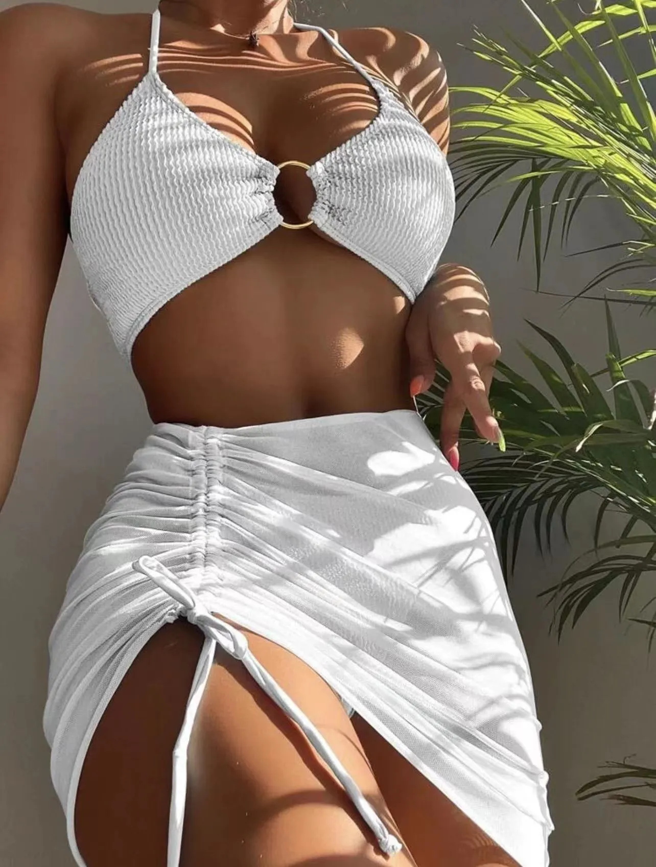 3-Piece Halter Thong Bikini with Skirt