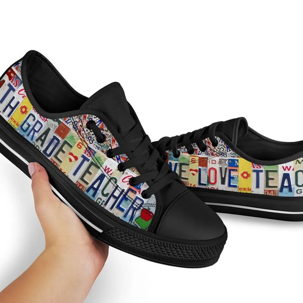 4Th Grade Teacher License Plates Low Top Black Shoes, Teacher Shoes, Low Top Sneakers