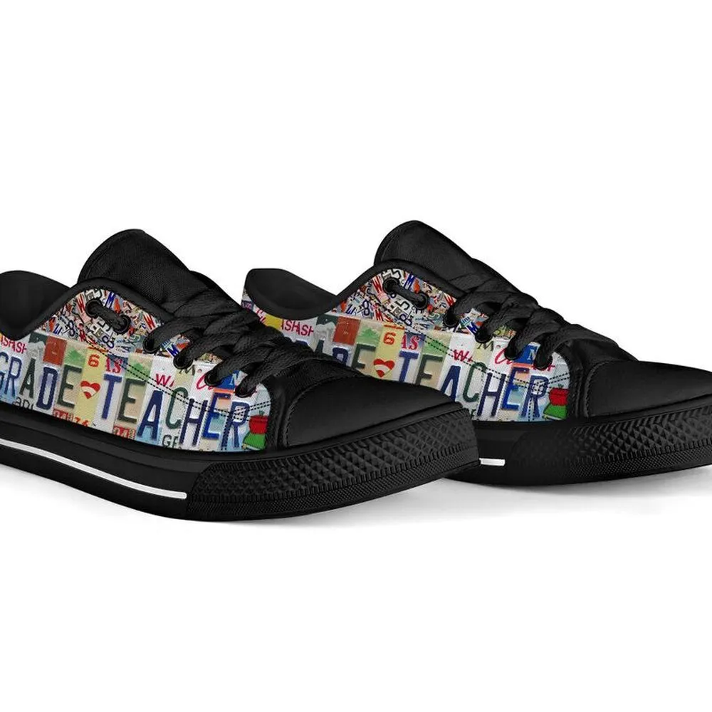 4Th Grade Teacher License Plates Low Top Black Shoes, Teacher Shoes, Low Top Sneakers