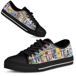 4Th Grade Teacher License Plates Low Top Black Shoes, Teacher Shoes, Low Top Sneakers