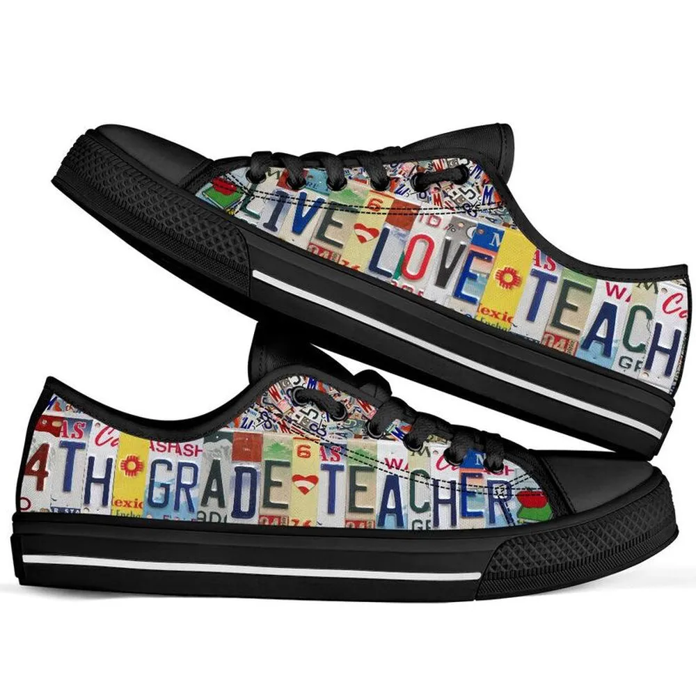 4Th Grade Teacher License Plates Low Top Black Shoes, Teacher Shoes, Low Top Sneakers