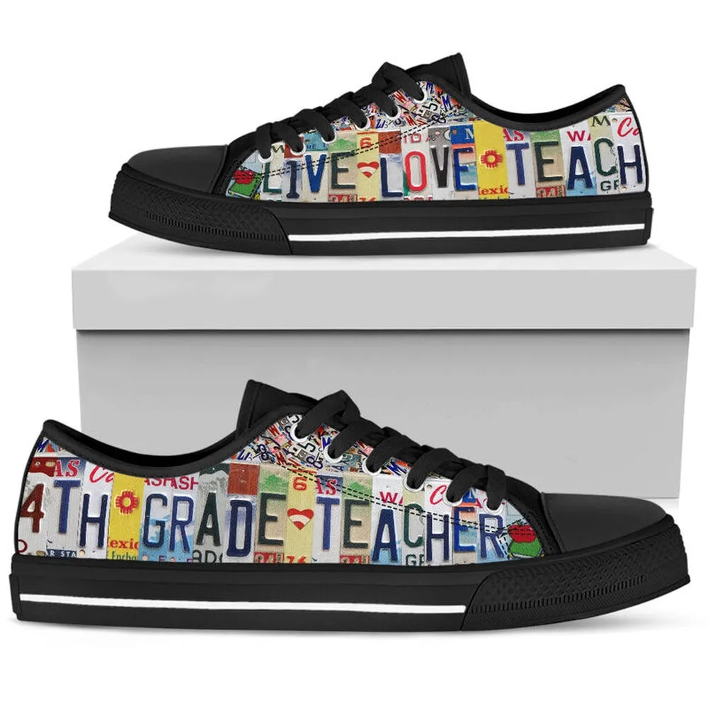 4Th Grade Teacher License Plates Low Top Black Shoes, Teacher Shoes, Low Top Sneakers