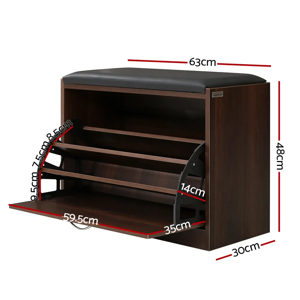 Adjustable 2-in-1 Shoe Cabinet & Bench, PU Seat, Walnut - Artiss