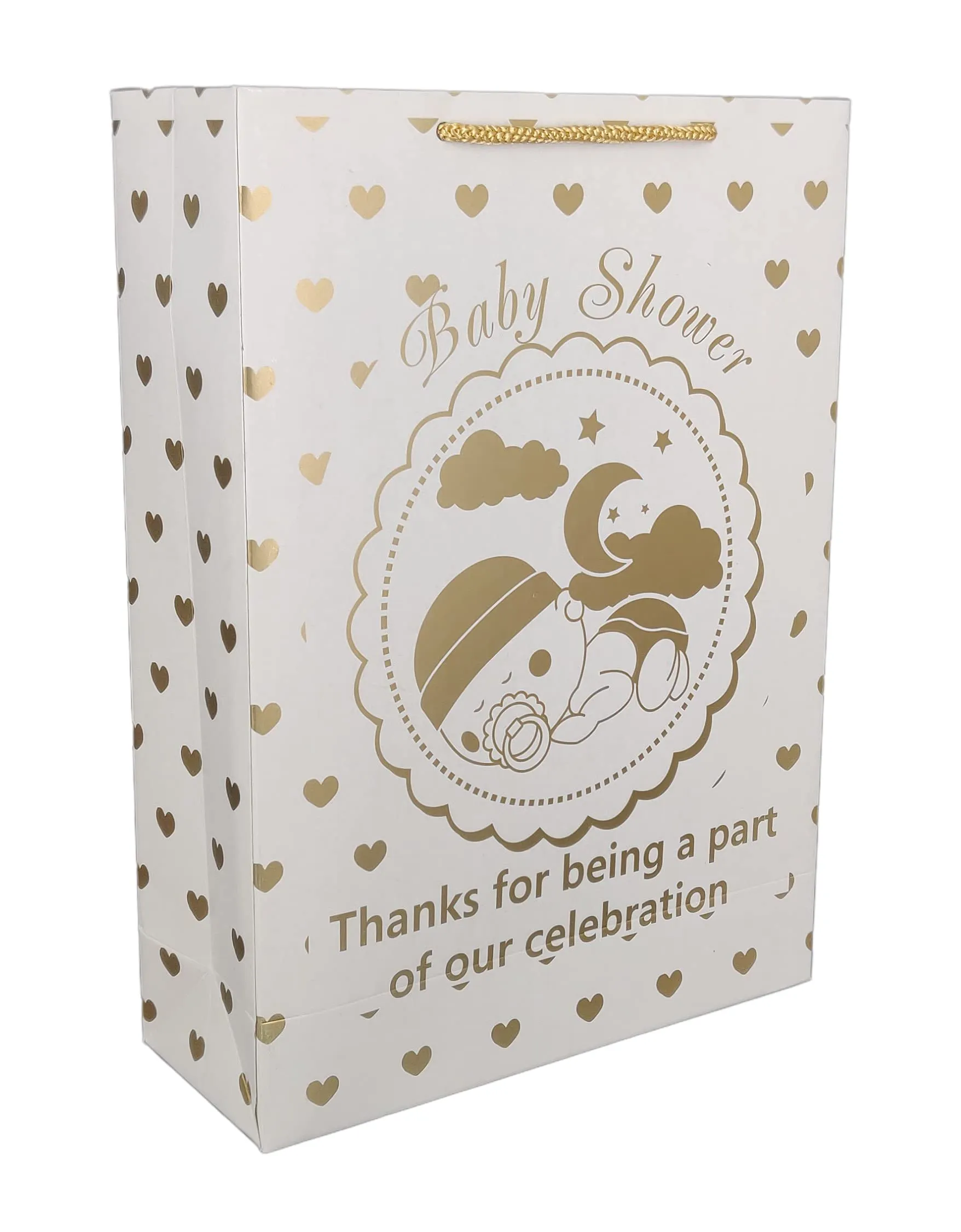 Arrow Paper Products Golden Hearts Paper Gift Bags for Baby Shower Return Gift, Small Presents (White, 20.32 x 7.62 x 27.94 cm) Pack of 40