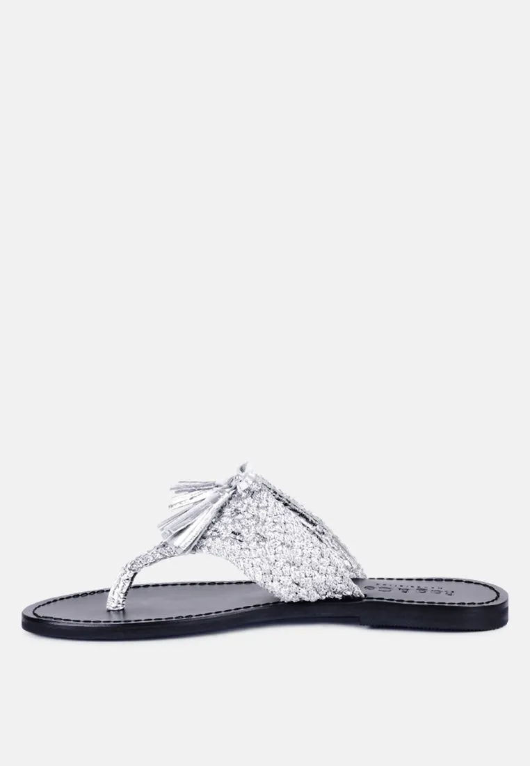 BEECH Handwoven Natural Silver Suede Tassel Thong Flats