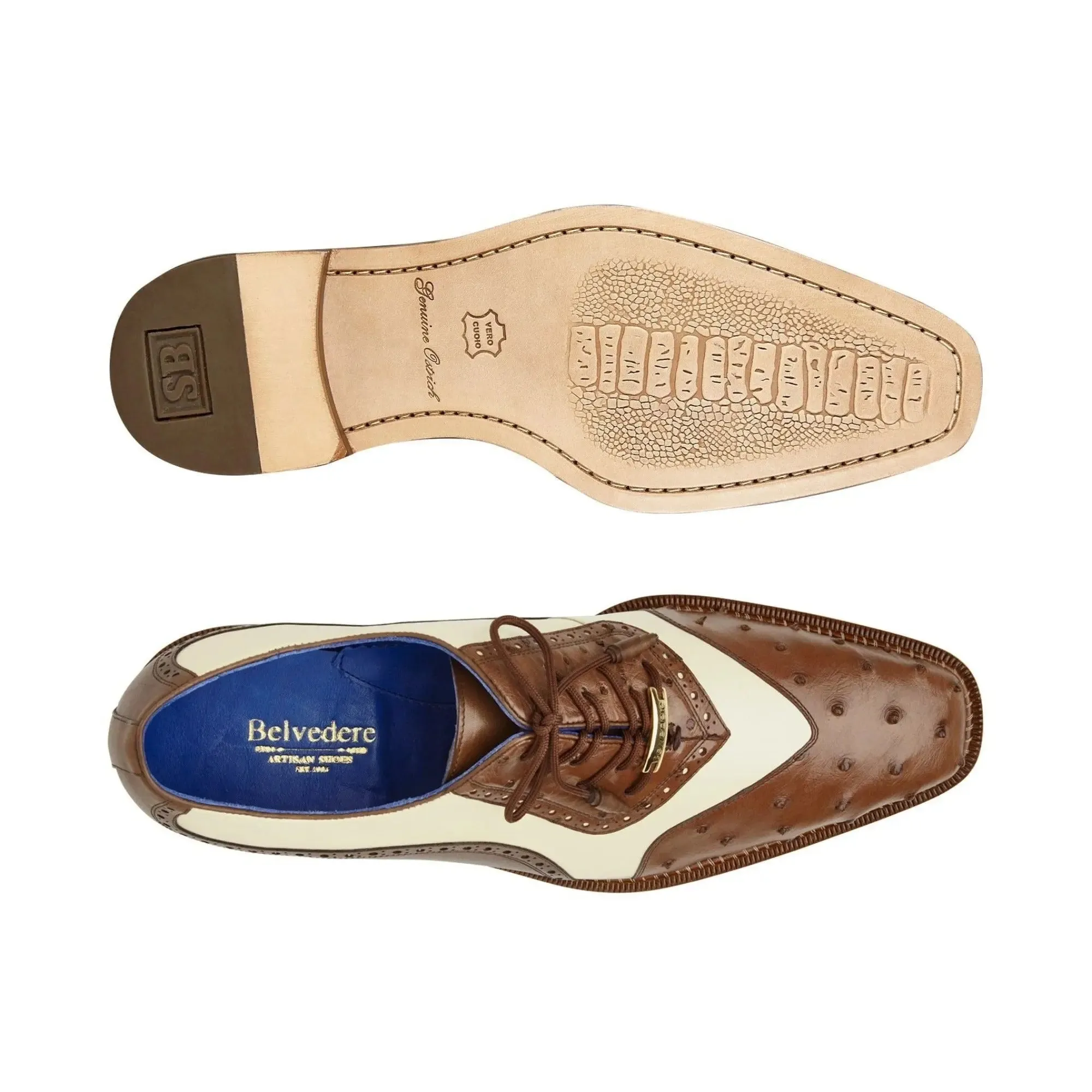 Belvedere Sesto in Brown / Cream Ostrich Quill Oxfords