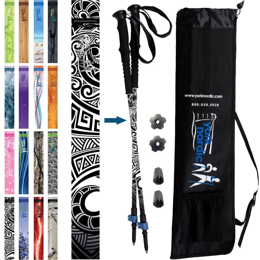 Black Maori Tattoo Hiking - Walking Poles w-flip locks, detachable feet and travel bag - 2 poles - For Heights up to 6’2”