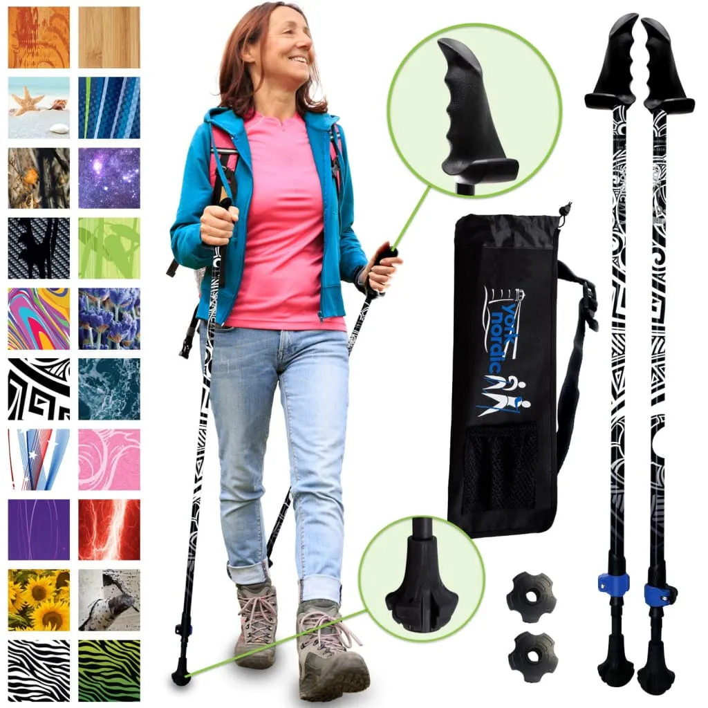 Black Maori Tattoo Hiking - Walking Poles w-flip locks, detachable feet and travel bag - 2 poles - For Heights up to 6’2”