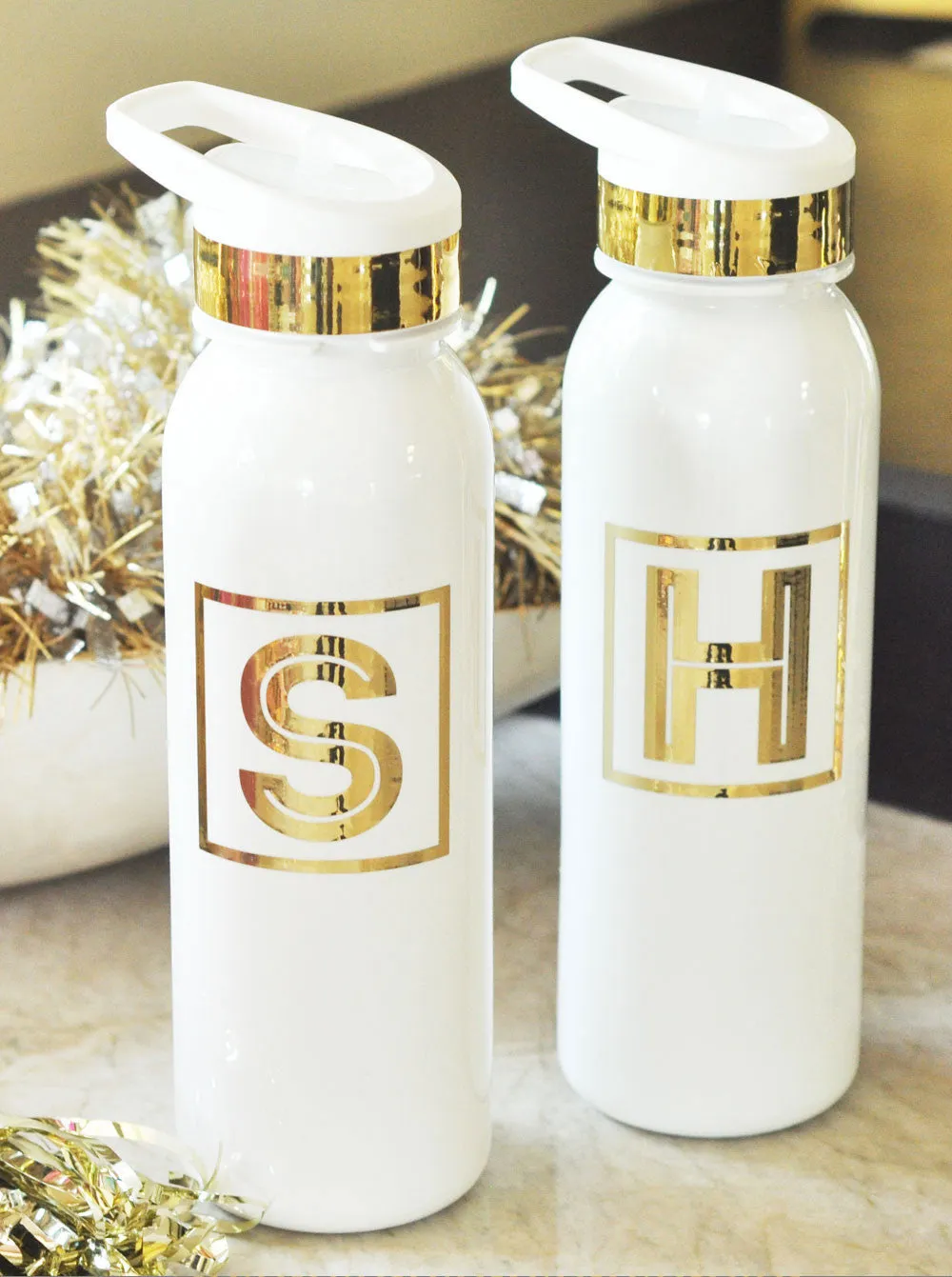 Custom Metallic Gold Monogram Sports Water Bottle Favor