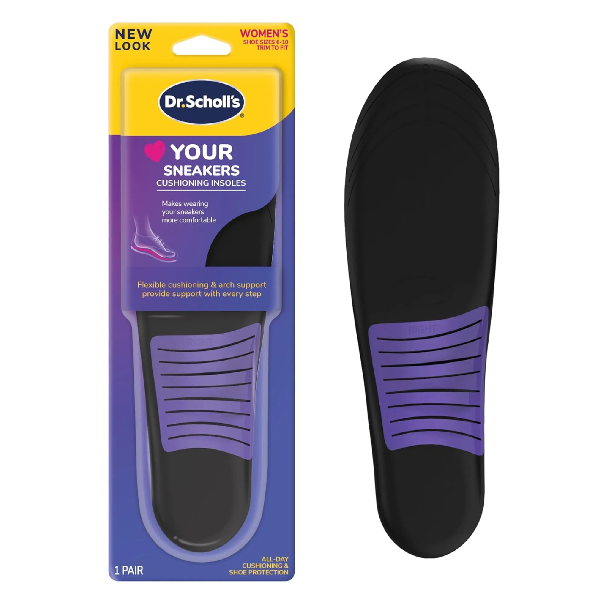 Dr. Scholl's Love Your Sneakers Full Length Insoles, All-Day Comfort for Slip on & High Top Sneaker, Prevent Discomfort, Arch Support, Absorb Shock, Trim Insert to Fit Shoe, Women Size 6-10, 1 Pair