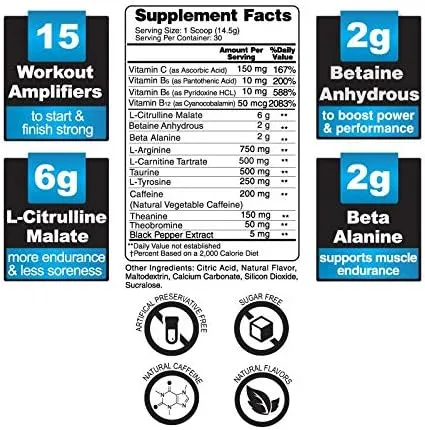 EC Sports, OptiForce Pre-Workout, Clean Energy, 6G Citrulline Mallate, 2G Beta Alanine, 2G Betaine Anhydrous, Natural Caffeine, Tropical Blast, 30 Servings, 15.34oz