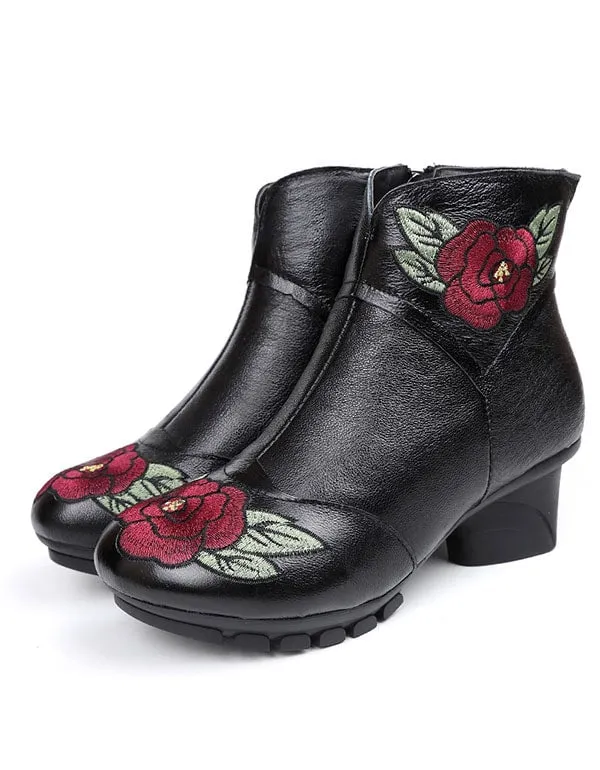 Genuine Leather Embroidered Round Head Winter Boots