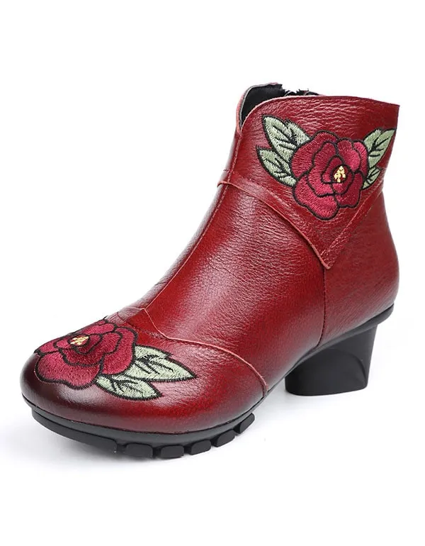 Genuine Leather Embroidered Round Head Winter Boots