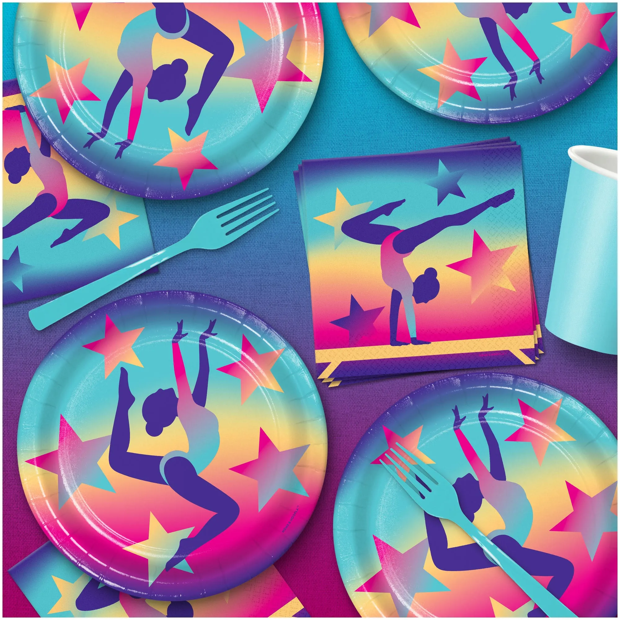 Gymnastics Party Pack - Paper Plates, Napkins, Forks, Table Cover, & Banner (Serves 16)