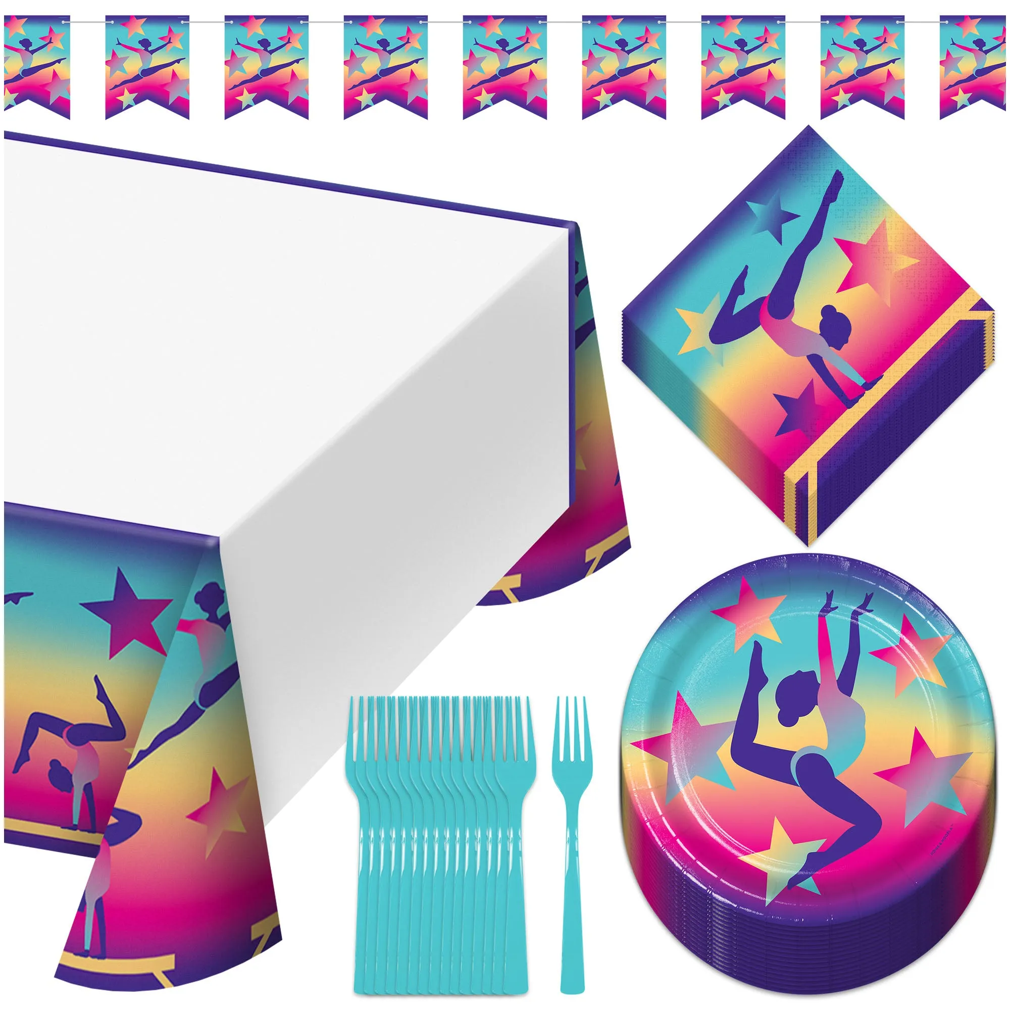 Gymnastics Party Pack - Paper Plates, Napkins, Forks, Table Cover, & Banner (Serves 16)