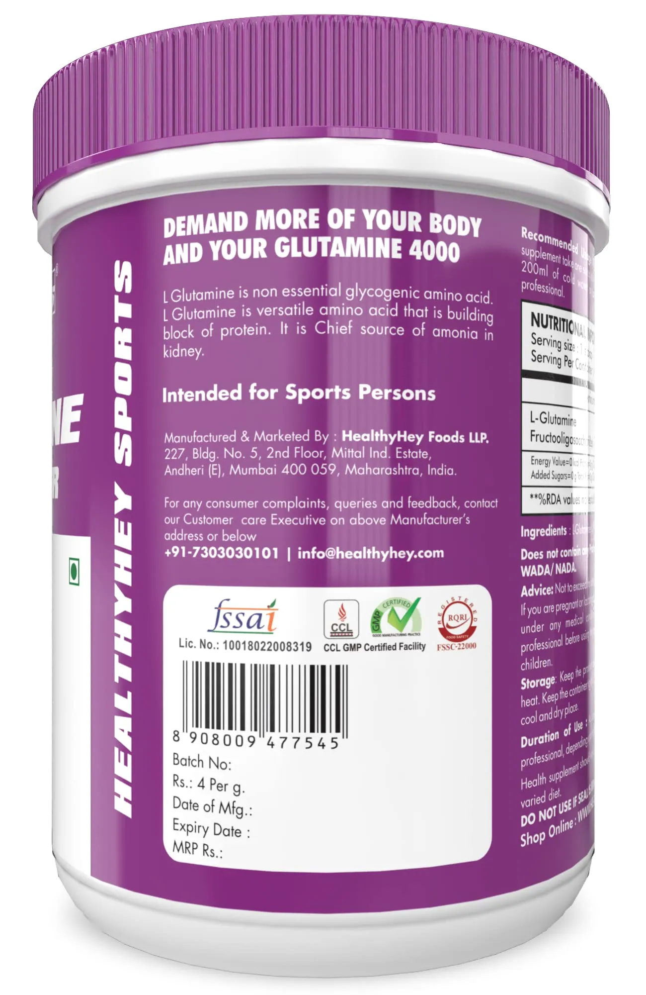 HealthyHey Sports Glutamine Powder, Muscle Growth and Recovery - 400g - 133 Servings (Unflavoured, 400g)