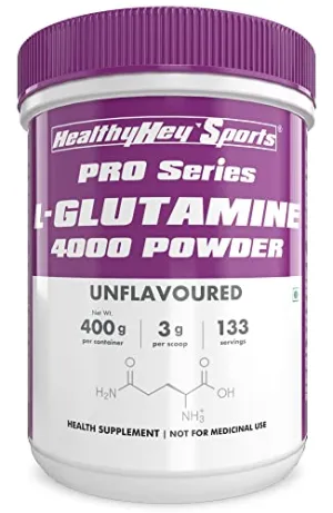 HealthyHey Sports Glutamine Powder, Muscle Growth and Recovery - 400g - 133 Servings (Unflavoured, 400g)