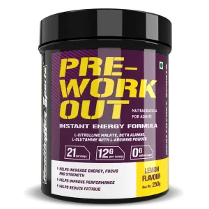 HealthyHey Sports Pre-Workout, Pump, Energy, Strength Drink | Intense Sustained Energy | L-Citrulline, L-Arginine, Beta Alanine, Caffein, Glutamine & Sodium | 250 gram