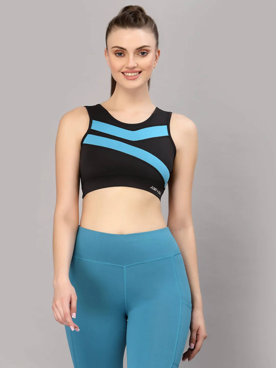 JUMP USA Black & Teal Solid Non-Wired Non Padded Rapid-Dry Training Sports Bra