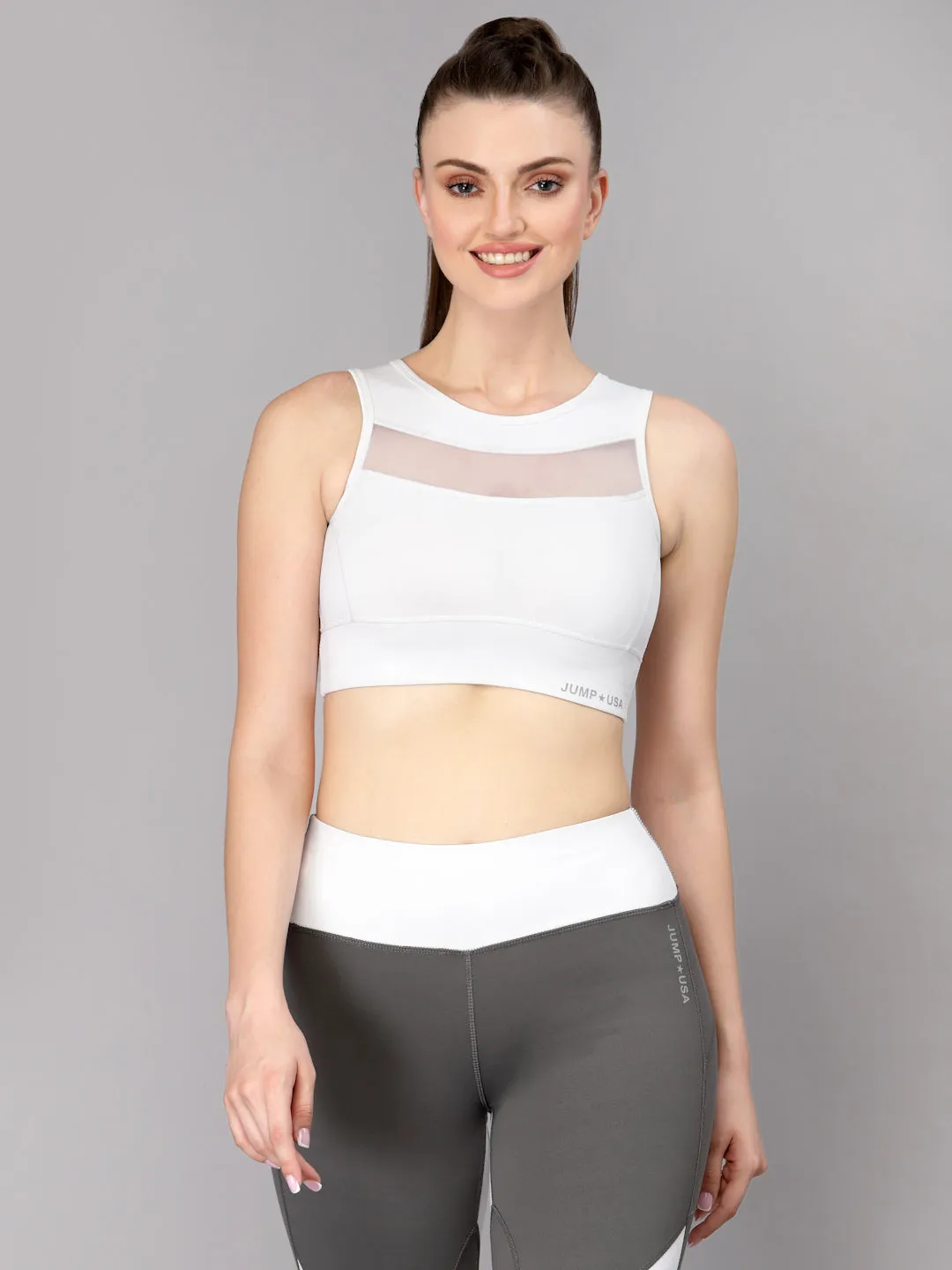 JUMP USA White Solid Non-Wired Non Padded Rapid-Dry Training Sports Bra