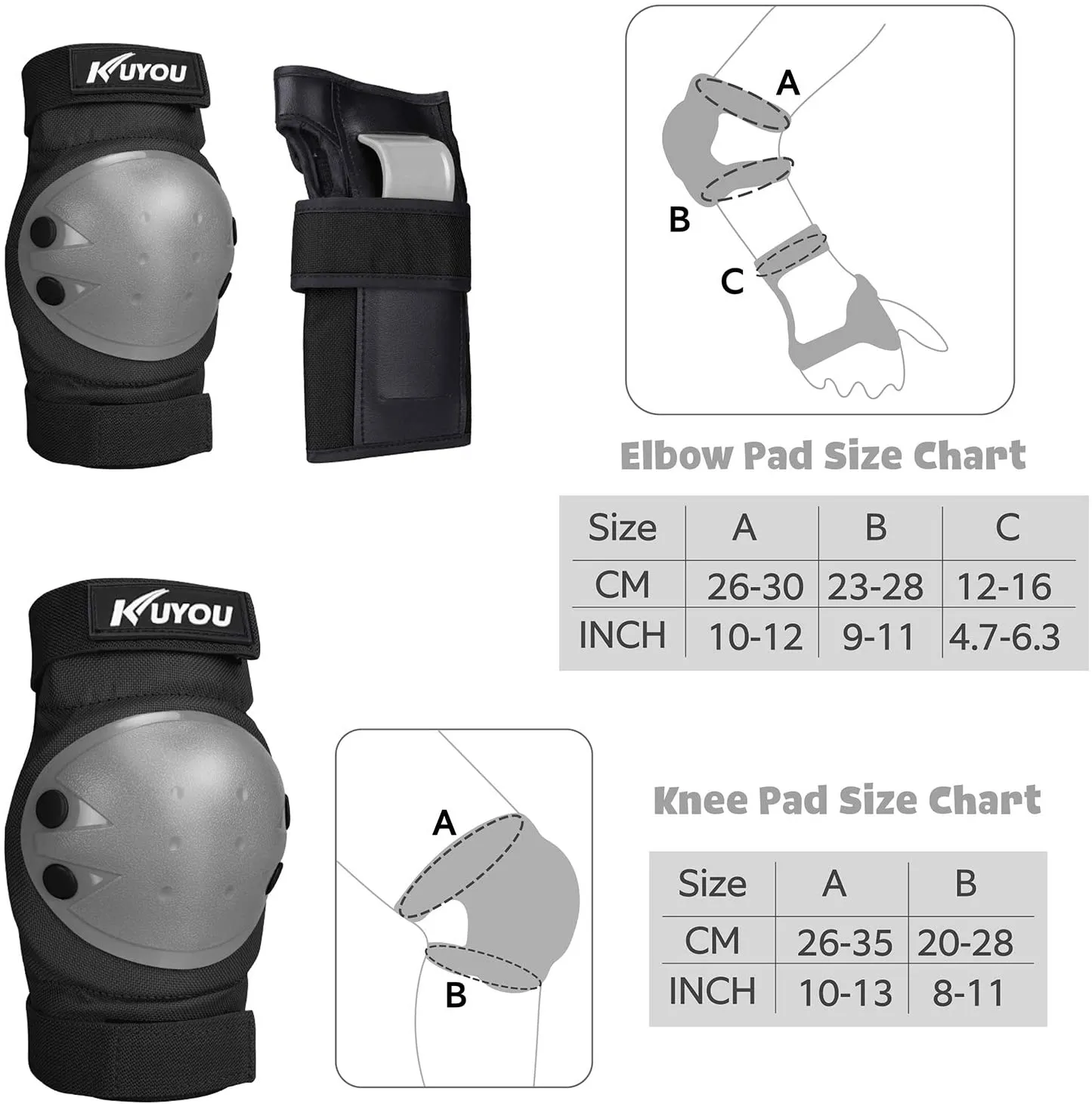 KUYOU Kids Youth Knee Pads Elbow Pads Wrist Guards