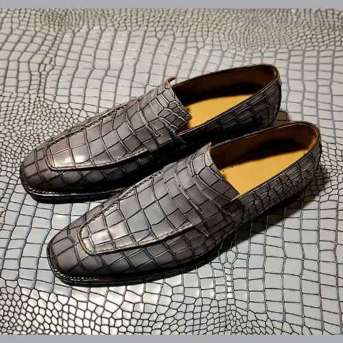 Made to Order Bespoke Handmade Made to Measure Genuine Crocodile Print Gray Leather Loafers Slip On Moccasin Mens Shoes