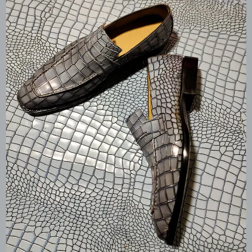 Made to Order Bespoke Handmade Made to Measure Genuine Crocodile Print Gray Leather Loafers Slip On Moccasin Mens Shoes