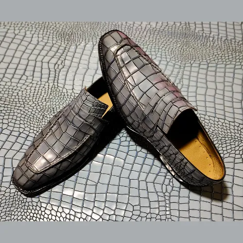 Made to Order Bespoke Handmade Made to Measure Genuine Crocodile Print Gray Leather Loafers Slip On Moccasin Mens Shoes