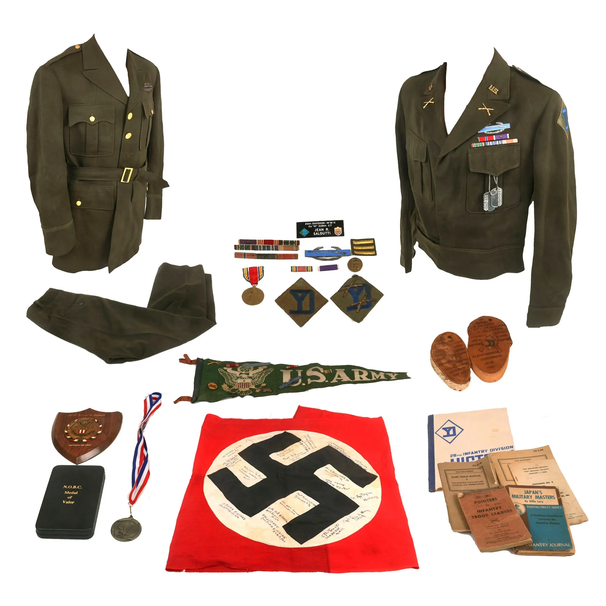 Original U.S. WWII Battle of the Bulge Bronze Star Recipient Uniform & Captured Signed German Flag Grouping - Interview Published Online - Lt. Samuel A. Saldutti, 328th Infantry, 26th Yankee Infantry Division