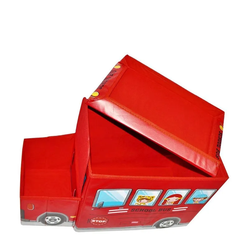 Portable Folding School Bus Laundry Orgainzer Cum Sitting Stool for Kid Toys, Games, Books Red Storage Box Multipurpose Uses