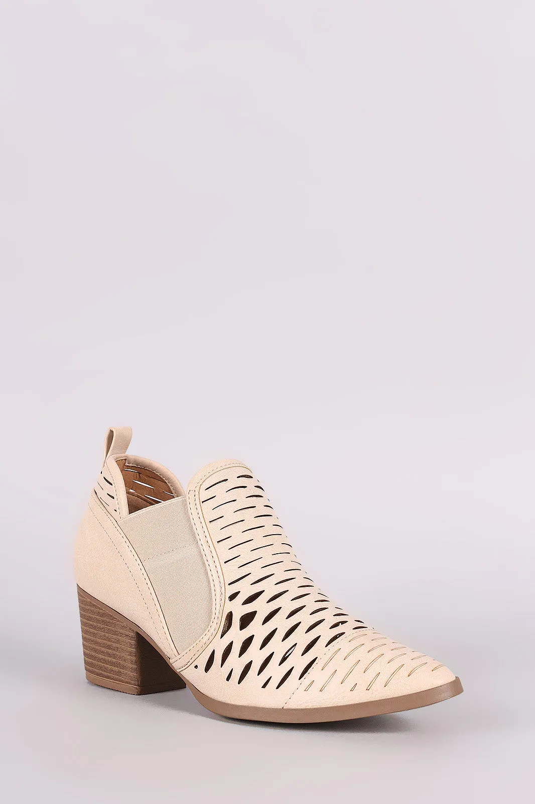 Qupid Laser Cut Pointy Toe Western Booties