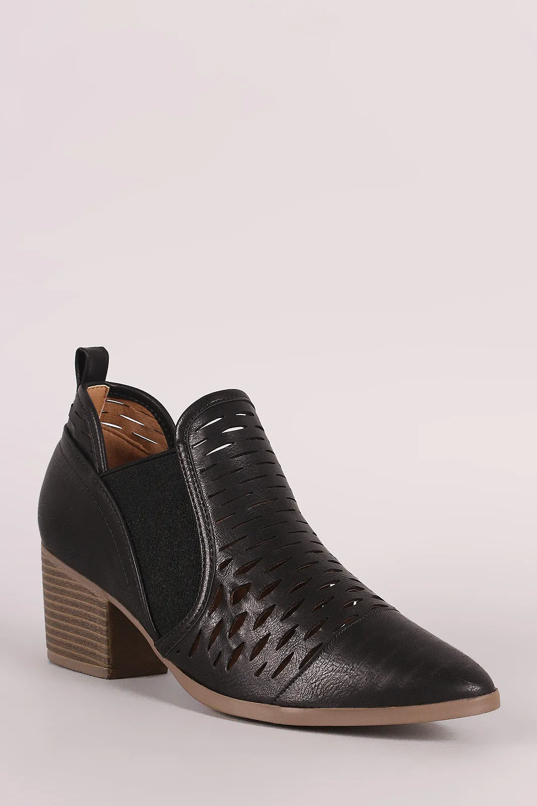 Qupid Laser Cut Pointy Toe Western Booties