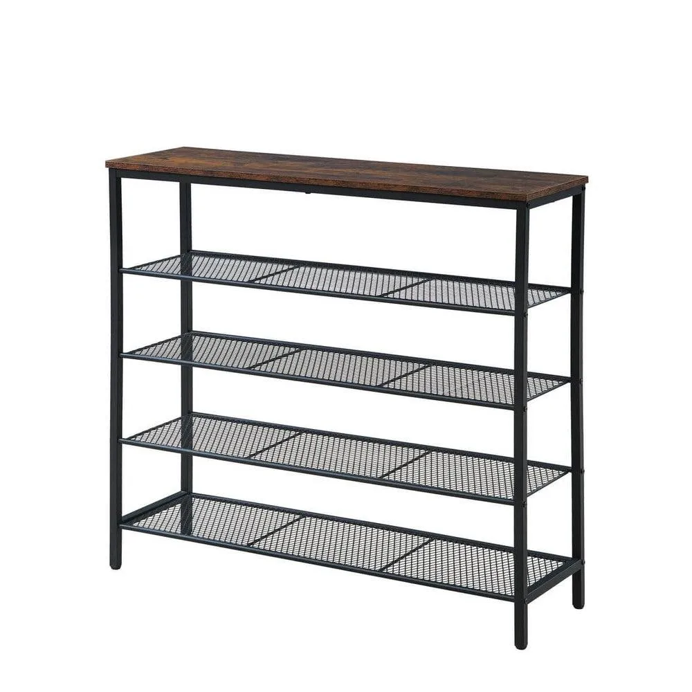 Rustic 5 Tier Wide Shoe Rack Dark Wood & Matte Black