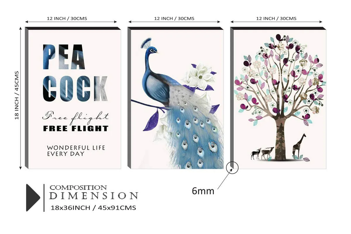 SAF paintings 6MM MDF Peacock Deer and Zebra Wonderful Life Everyday Self Adeshive Painting 36 inch X 18 inch (12 Inch X 18 Inch Each Painting, Self Installation, Multi-Effect, UV Textured) AANFSXA042