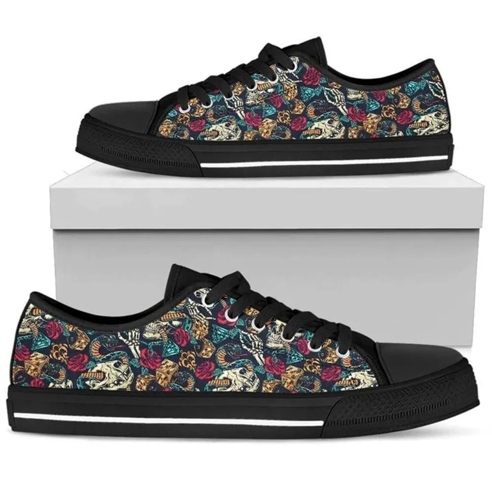 Skull Rose Snake Red Canvas Low Top Shoes, Low Top Sneaker, Low Top Canvas Shoes