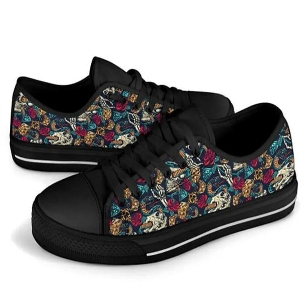 Skull Rose Snake Red Canvas Low Top Shoes, Low Top Sneaker, Low Top Canvas Shoes