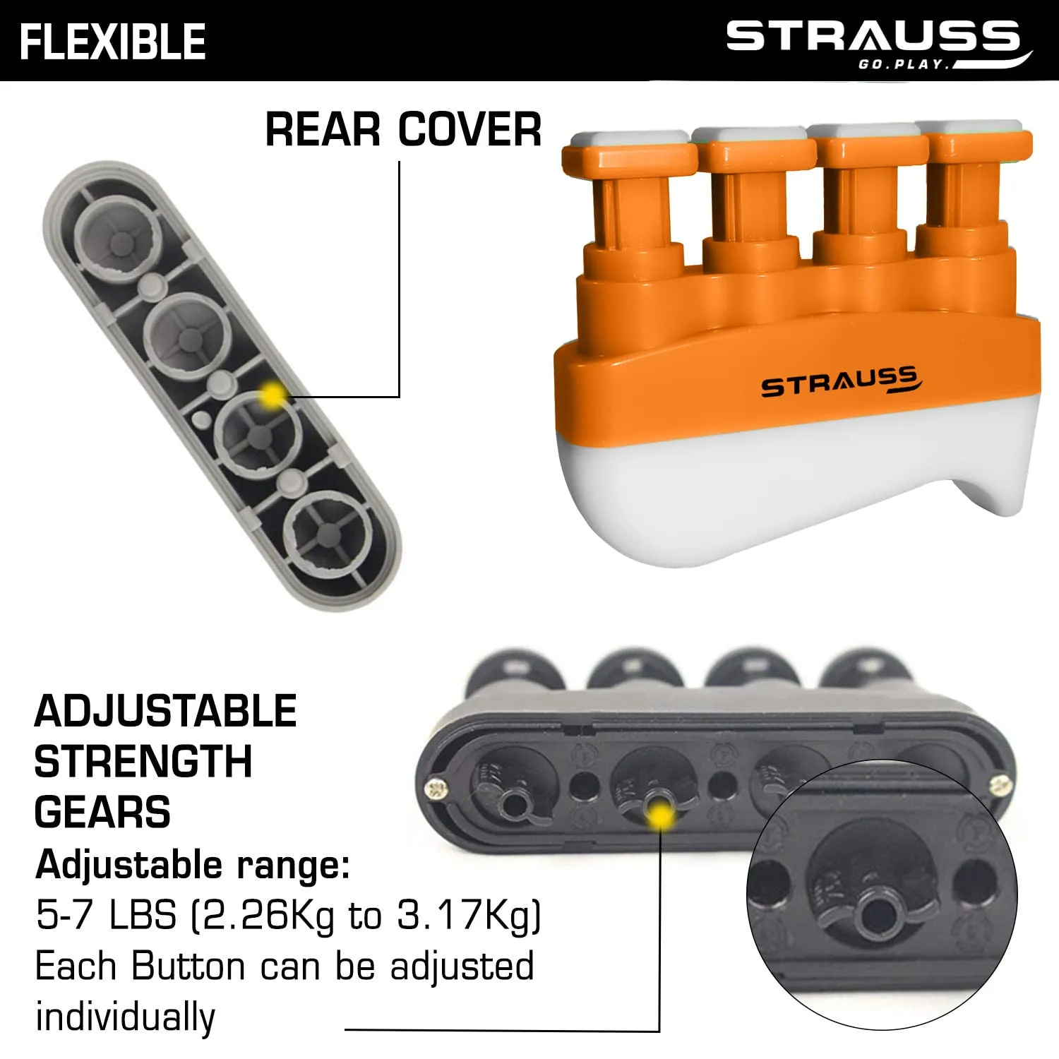 Strauss Adjustable Square Finger Hand Grip | Grip Strength Trainer & Finger Strengthener | Veins Strengthener & Forearm Grip Resistance Trainer | Hand Gripper for Men and Women,(Orange)