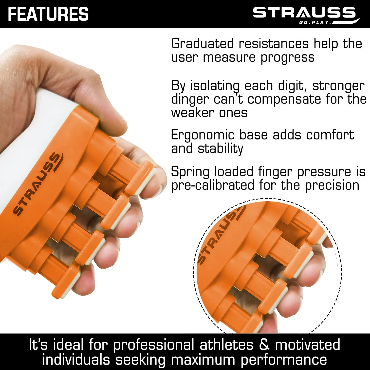 Strauss Adjustable Square Finger Hand Grip | Grip Strength Trainer & Finger Strengthener | Veins Strengthener & Forearm Grip Resistance Trainer | Hand Gripper for Men and Women,(Orange)