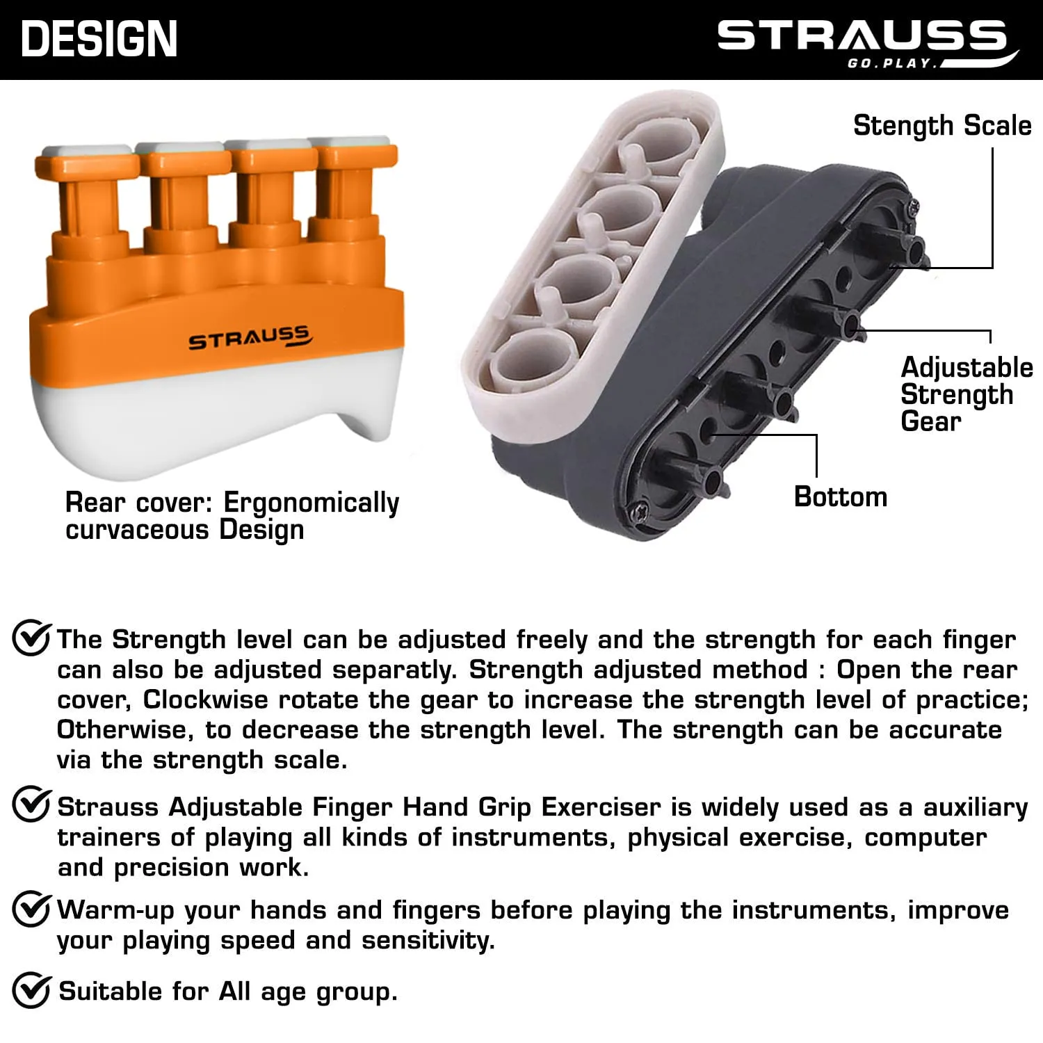 Strauss Adjustable Square Finger Hand Grip | Grip Strength Trainer & Finger Strengthener | Veins Strengthener & Forearm Grip Resistance Trainer | Hand Gripper for Men and Women,(Orange)