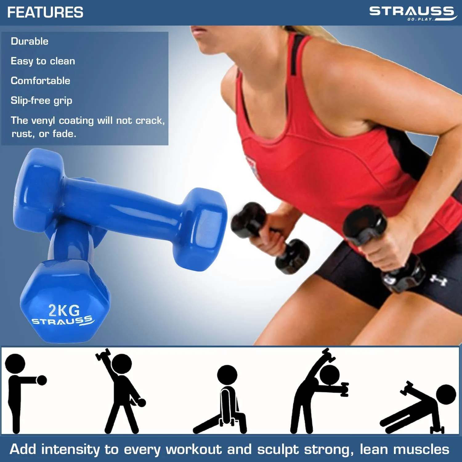 Strauss Aerobic Stepper, (Black/Grey) and Vinyl Dumbbell, 2 KG X 2, (Blue)