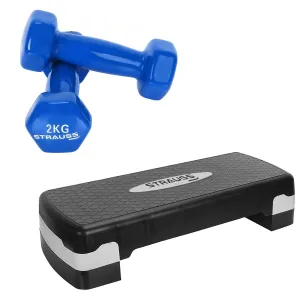 Strauss Aerobic Stepper, (Black/Grey) and Vinyl Dumbbell, 2 KG X 2, (Blue)