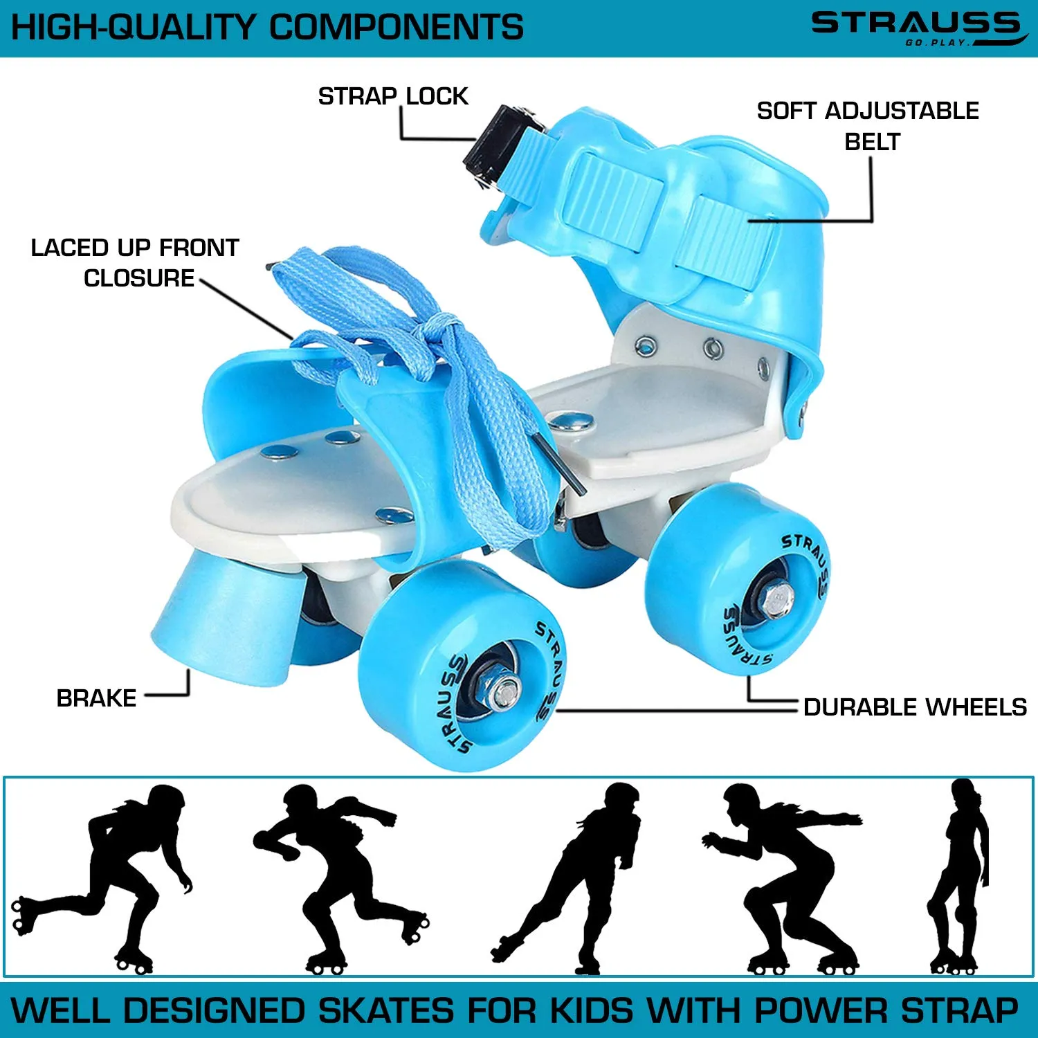 Strauss Kids Roller Skates, 5-11 Years, (Blue)