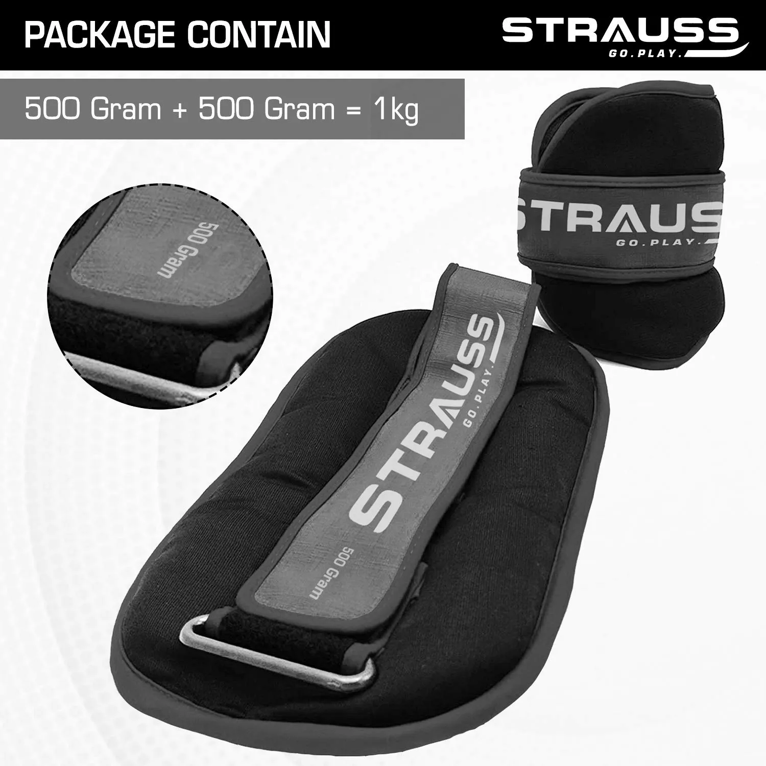 Strauss Round Shape Adjustable Ankle Weight/Wrist Weights 2.5 KG X 2 | Ideal for Walking, Running, Jogging, Cycling, Gym, Workout & Strength Training | Easy to Use on Ankle, Wrist, Leg, (Black)