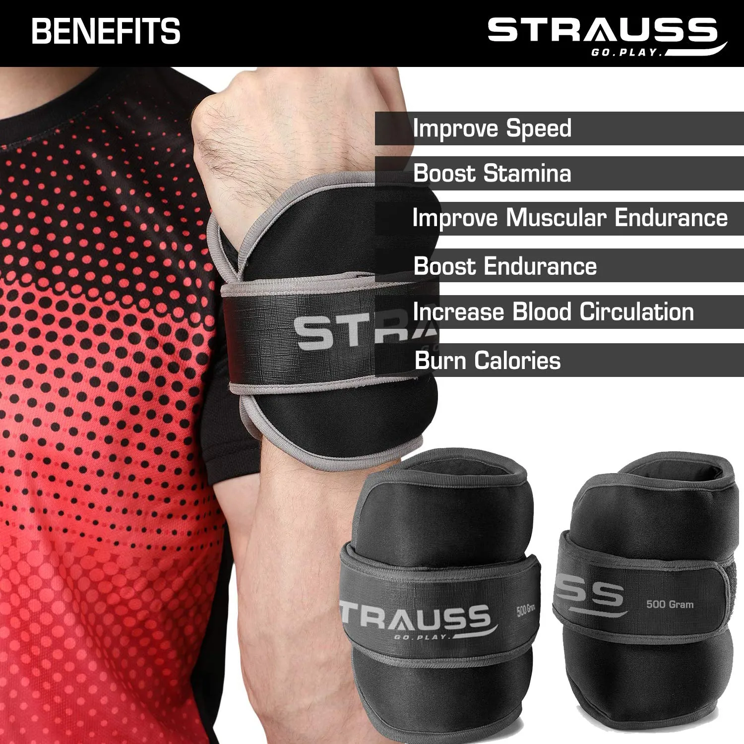 Strauss Round Shape Adjustable Ankle Weight/Wrist Weights 2.5 KG X 2 | Ideal for Walking, Running, Jogging, Cycling, Gym, Workout & Strength Training | Easy to Use on Ankle, Wrist, Leg, (Black)