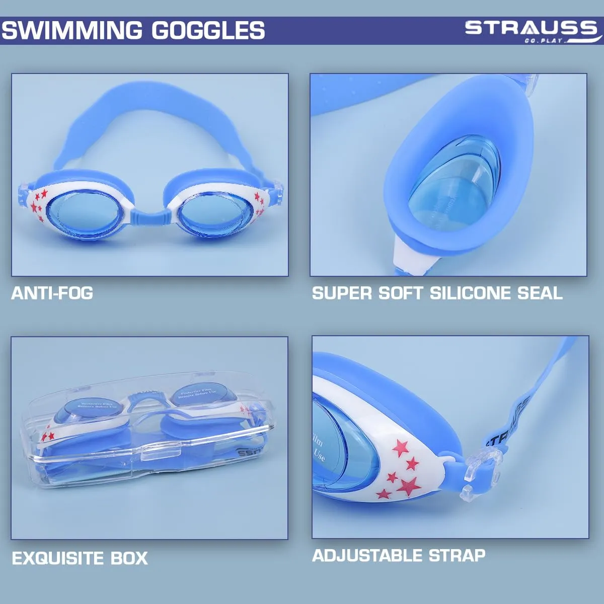 STRAUSS Swimming Goggles | Anti Fog & UV Protection | Swimming Goggles for Kids, Adults | Fully Adjustable Swimming Goggles With A Case Cover,(Sky Blue/Yellow)