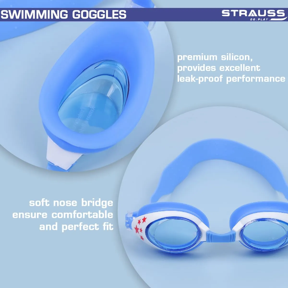 STRAUSS Swimming Goggles | Anti Fog & UV Protection | Swimming Goggles for Kids, Adults | Fully Adjustable Swimming Goggles With A Case Cover,(Sky Blue/Yellow)