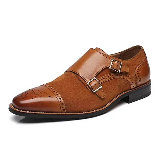 Two Tone Monk Shoes, Tan Leather & Suede Shoes, Men's Dress Classic Shoes