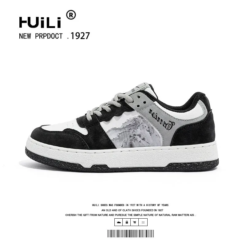 Warrior Women's Shoes Men's Shoes Board Shoes  Spring and Autumn Breathable Leather Ink Painting Black and White Casual Shoes Sneaker 0996