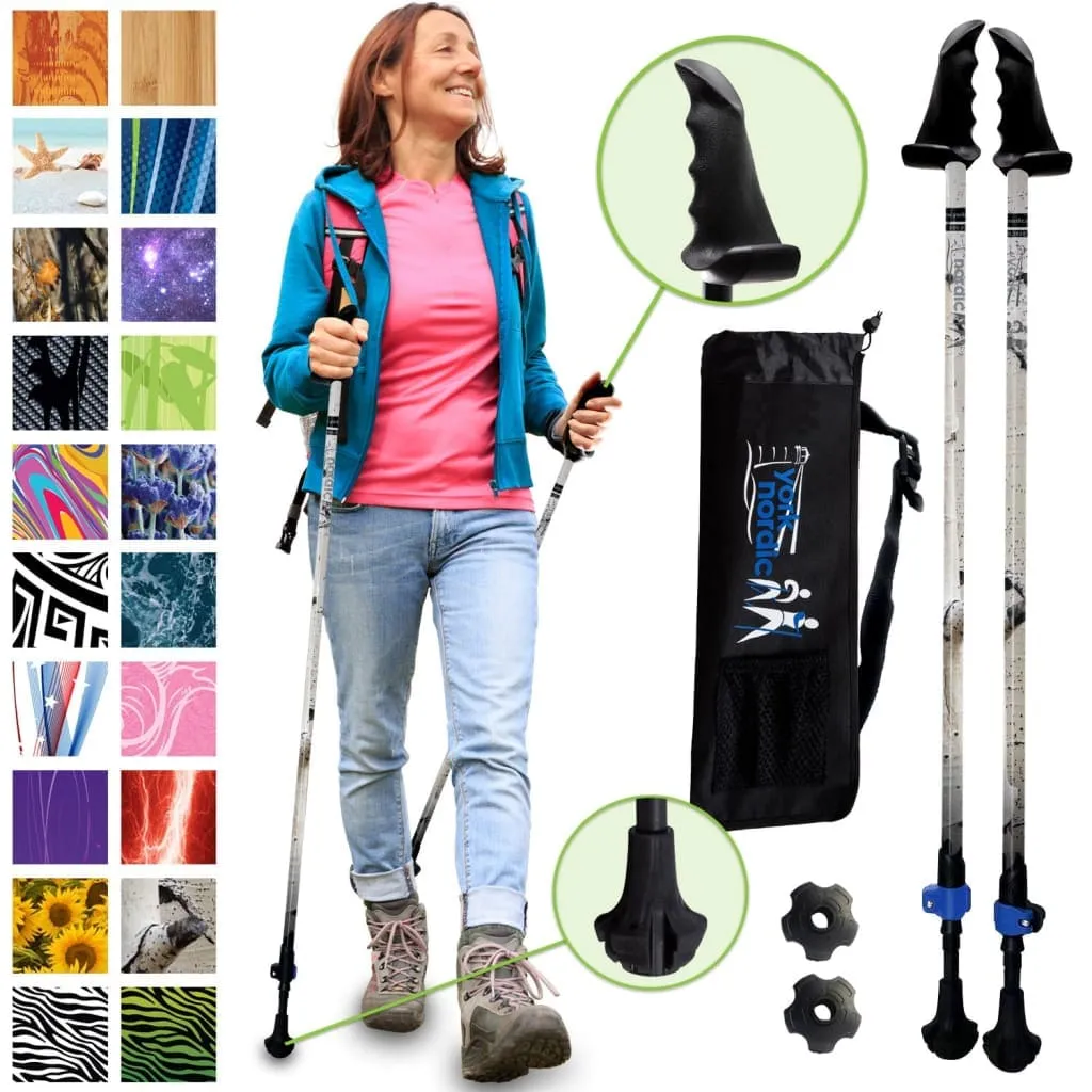 White Birch Design Hiking - Walking Poles 2 pieces adjustable w-flip locks, detachable feet and travel bag - For Heights up to 6’2”