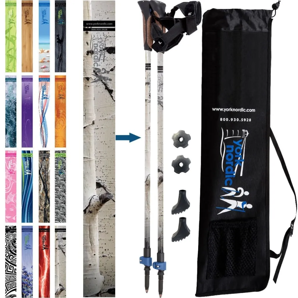 White Birch Design Hiking - Walking Poles 2 pieces adjustable w-flip locks, detachable feet and travel bag - For Heights up to 6’2”